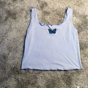 Blue embroidered butterfly crop top tank ribbed
